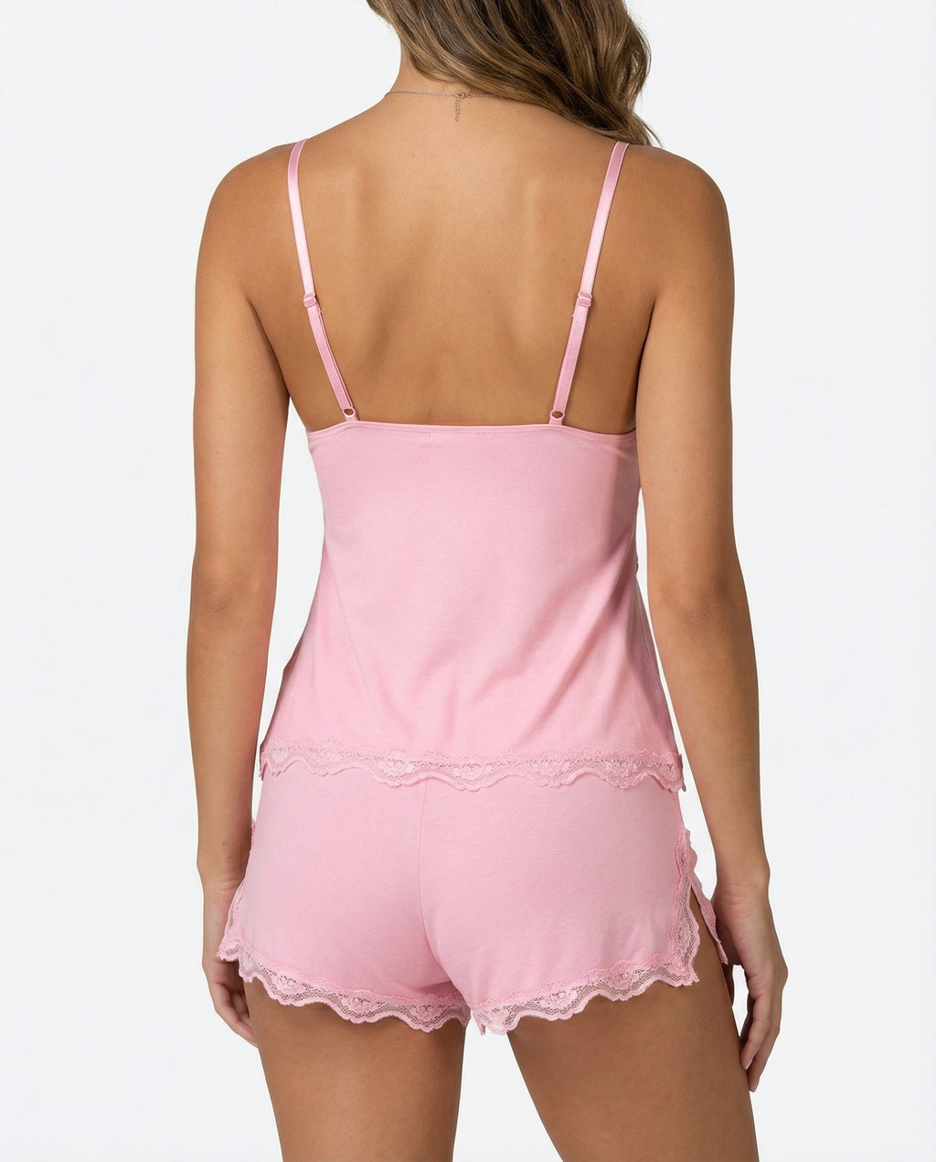 Pijama rosa con encaje, camiseta y shorts de dormir para mujer