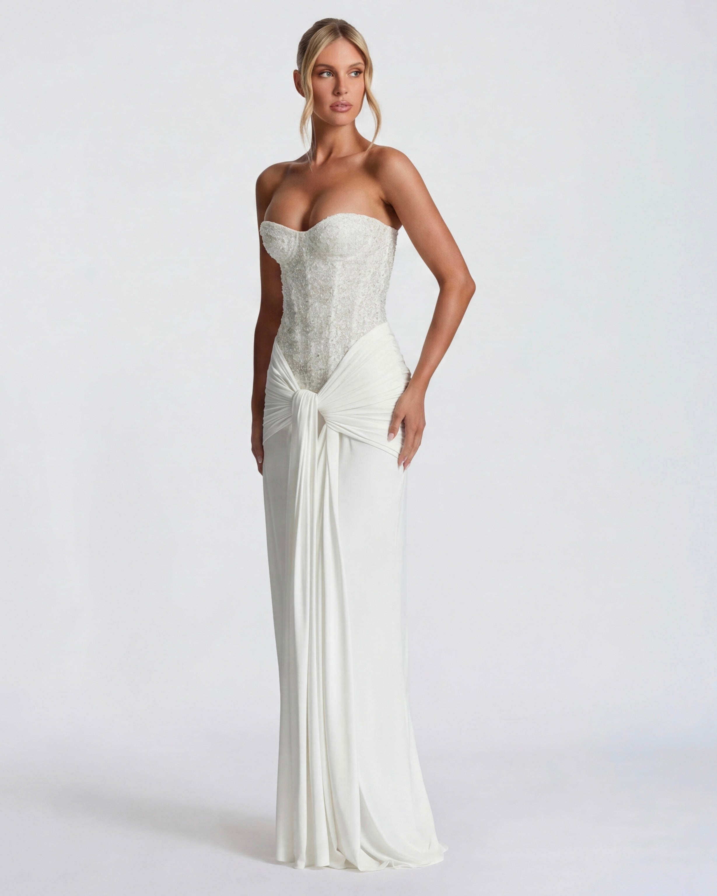 Aurora – Vestido largo palabra de honor con corset y brillos