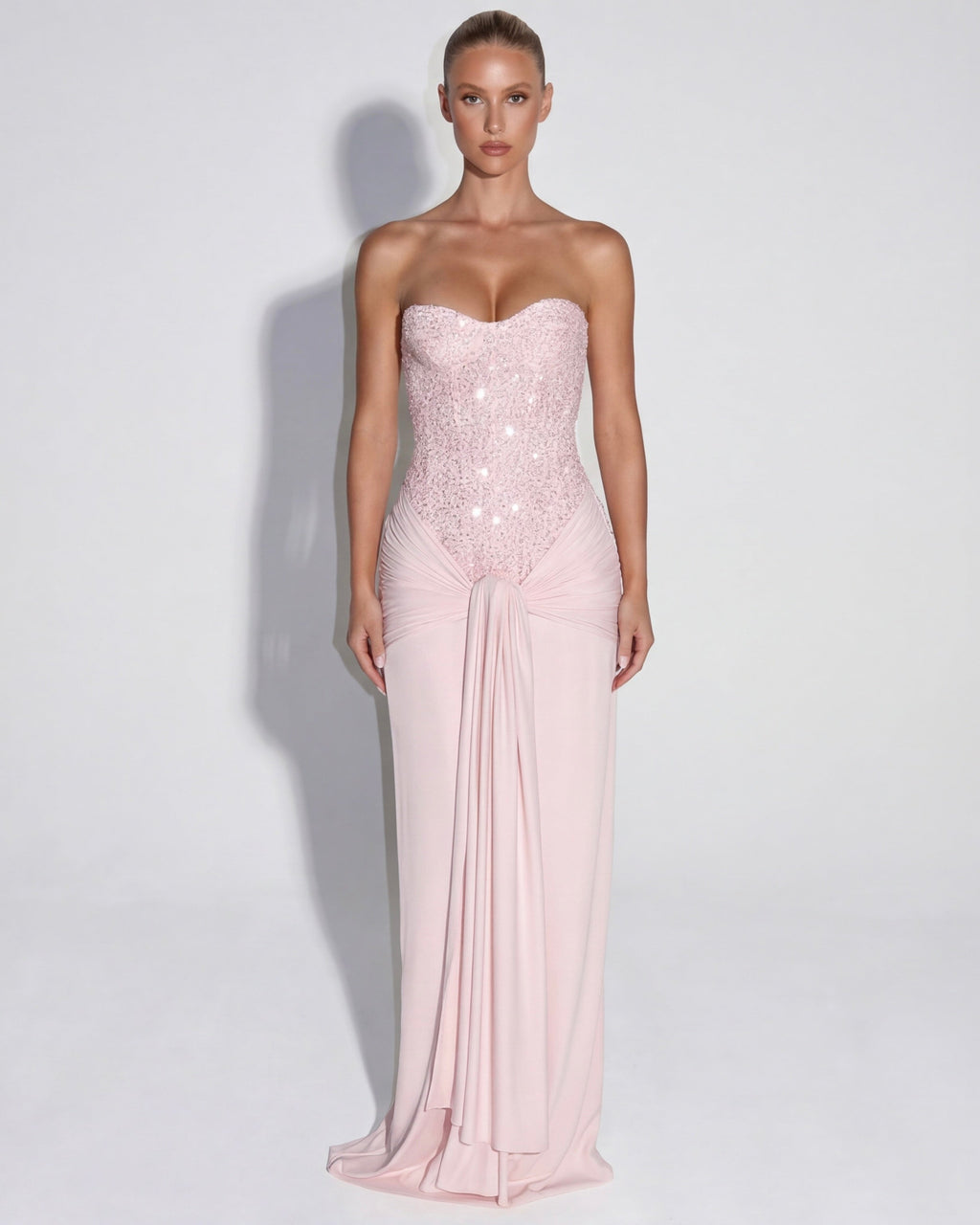 Aurora – Vestido largo palabra de honor con corset y brillos
